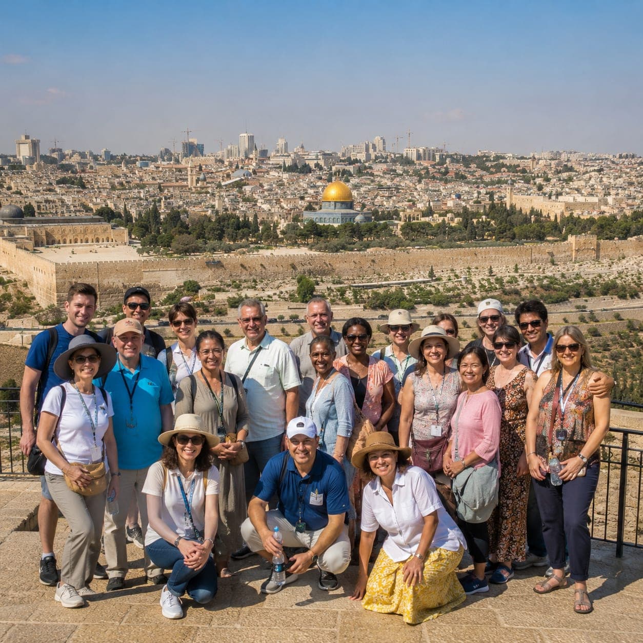 An Epic Tours group on the Mount of Olives, the Old City of Jerusalem and the Dome of the Rock behind them