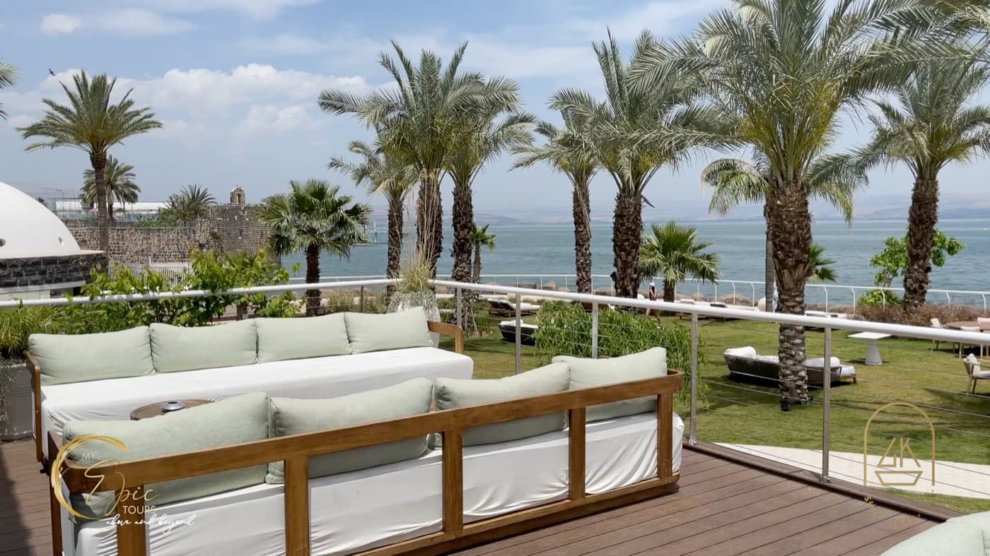 The terrace of the Galei Kinneret Hotel overlooking the Sea of Galilee